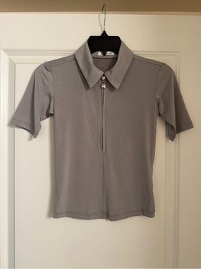 Sandy Liang Gray Short-Sleeve Zip Polo Top